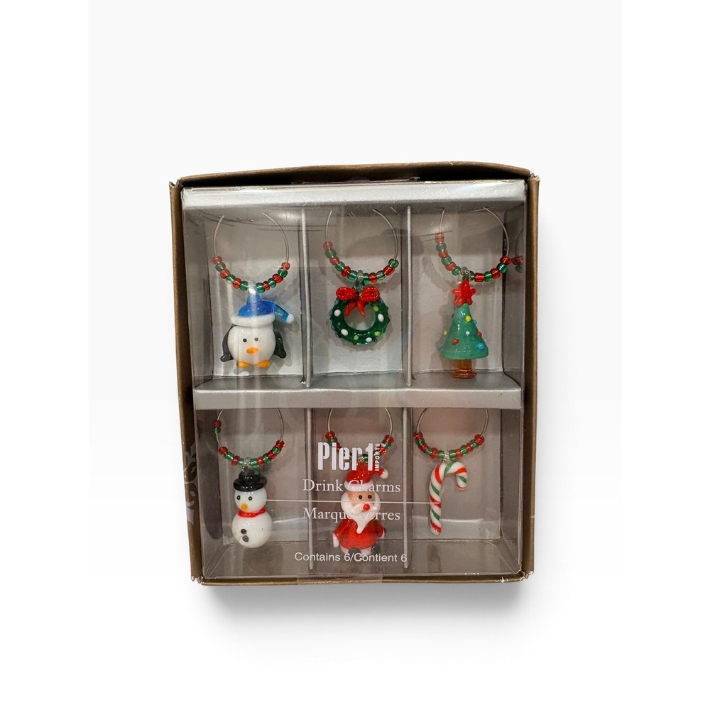 Pier 1 Imports Christmas Wine Glass Charms Set of 6 Holiday Drink Markers Glass